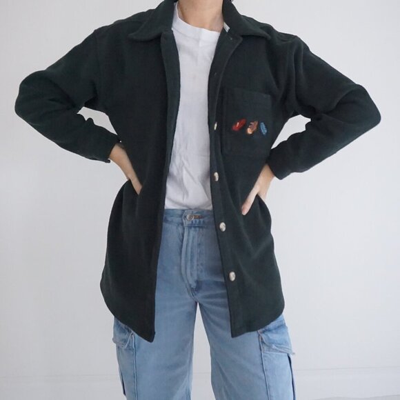 Vintage '90S Cherokee Hunter Green Embroidered Feathers Button Up Shacket S - Picture 1 of 10